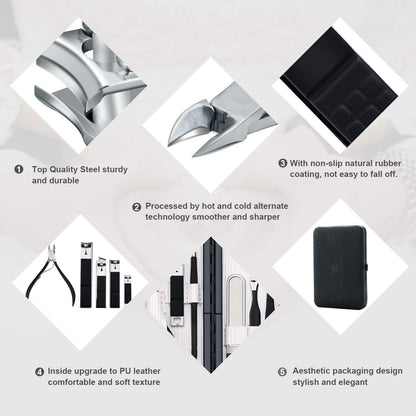 Keiby Citom Professional Stainless Steel Nail Clipper Travel & Grooming Kit Nail Tools Manicure & Pedicure Set of 18pcs with Luxurious Case (Black) - PuriLite