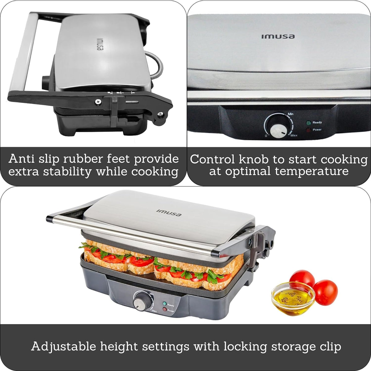IMUSA Stainless Steel Panini Press Electric with Adjustable Temperature Settings and Nonstick Plates, 1200W - PuriLite