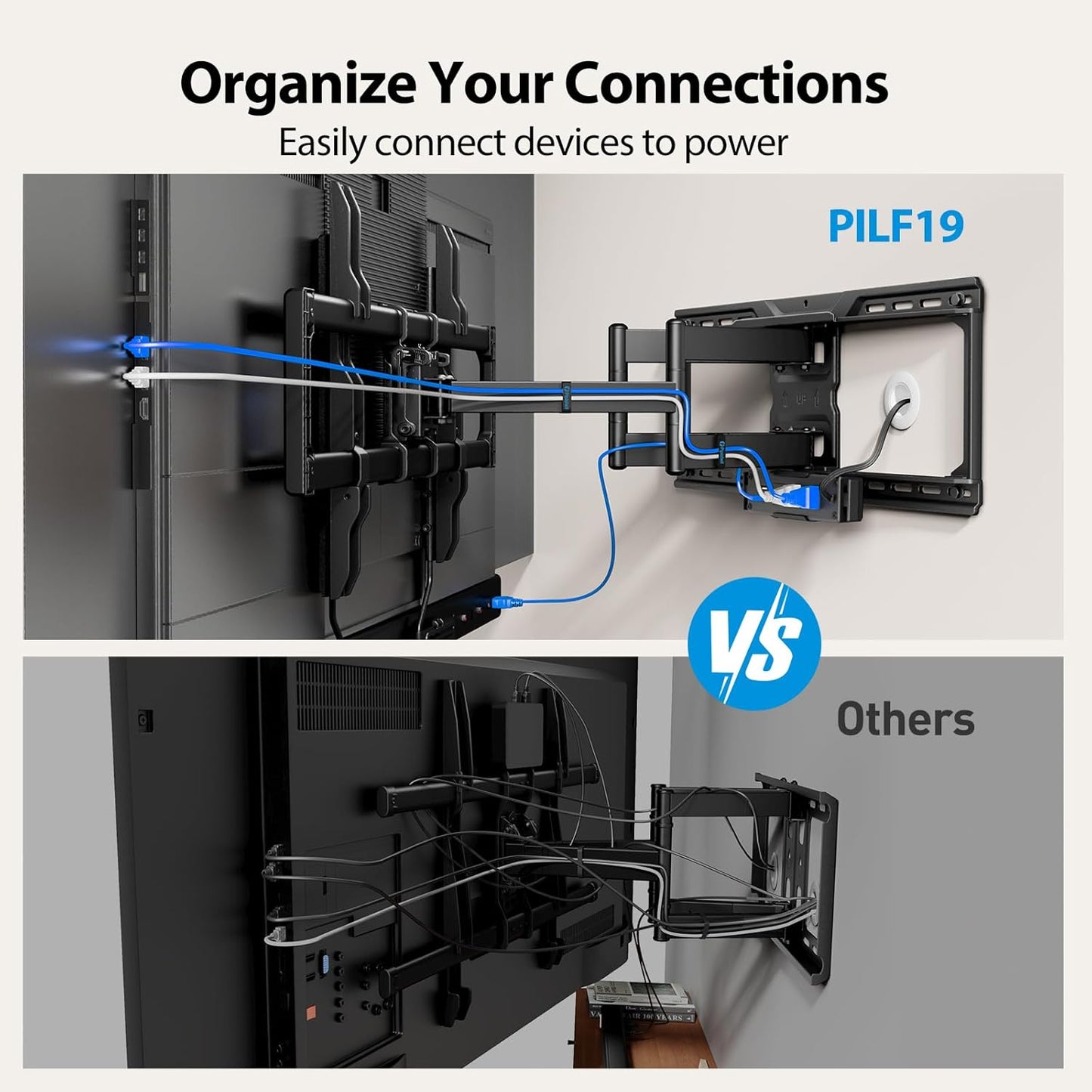 Pipishell Full Motion TV Wall Mount with Power Strip for 42–90 Inch TVs up to 150 lbs, Pre-Assembled TV Mount Has Smooth Swivel, Tilt, Extension, Max VESA 600x400mm, 12“/16”/24” Wood Studs, PILF19 - PuriLite