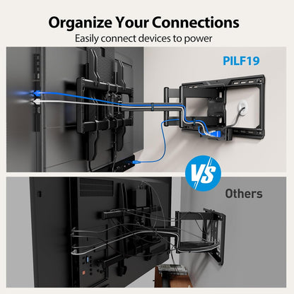 Pipishell Full Motion TV Wall Mount with Power Strip for 42–90 Inch TVs up to 150 lbs, Pre-Assembled TV Mount Has Smooth Swivel, Tilt, Extension, Max VESA 600x400mm, 12“/16”/24” Wood Studs, PILF19 - PuriLite