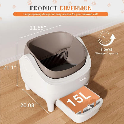 GUNJI Self Cleaning Cat Litter Box, Open-Top Automatic Self-Cleaning Litter Box, Design for Multi-Cat Families, Integrated Safety Protection, Includes Trash Bags (Brown) - PuriLite