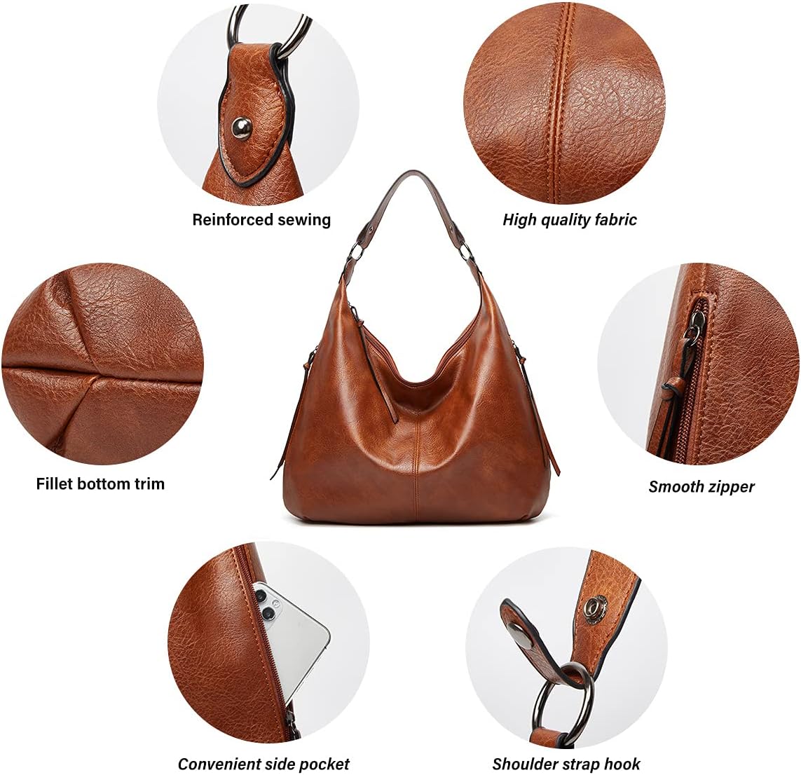 Ashioup Hobo Bags for Women Soft PU Leather Shoulder Bag Vintage Slouchy Handbag with Zipper - PuriLite