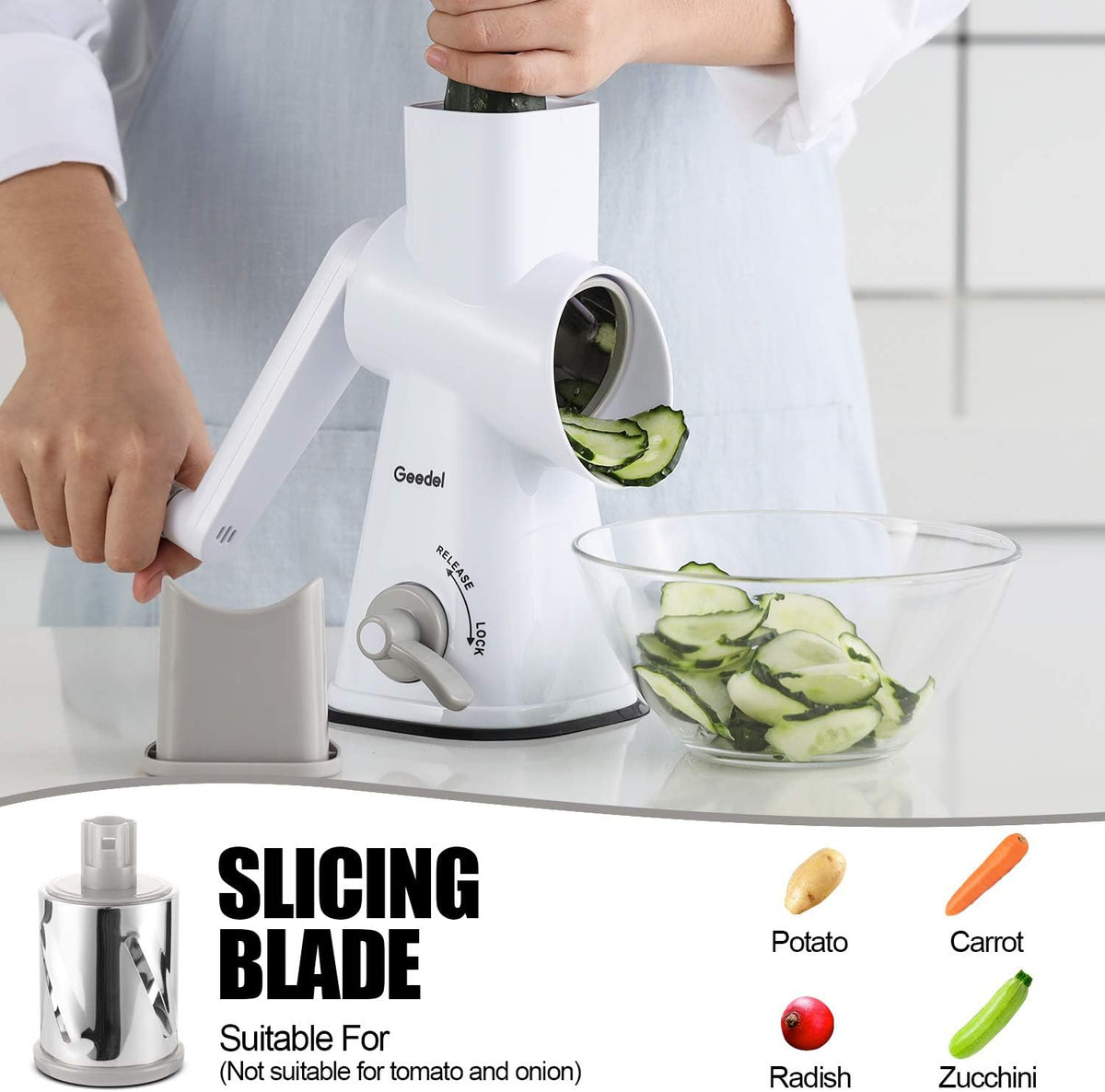 Geedel Kitchen Cheese Grater, Rotary Mandoline Vegetable Slicer with Interchangeable Blades, Easy to Use Rotary Grater Slicer for Fruit, Vegetables, Nuts - PuriLite