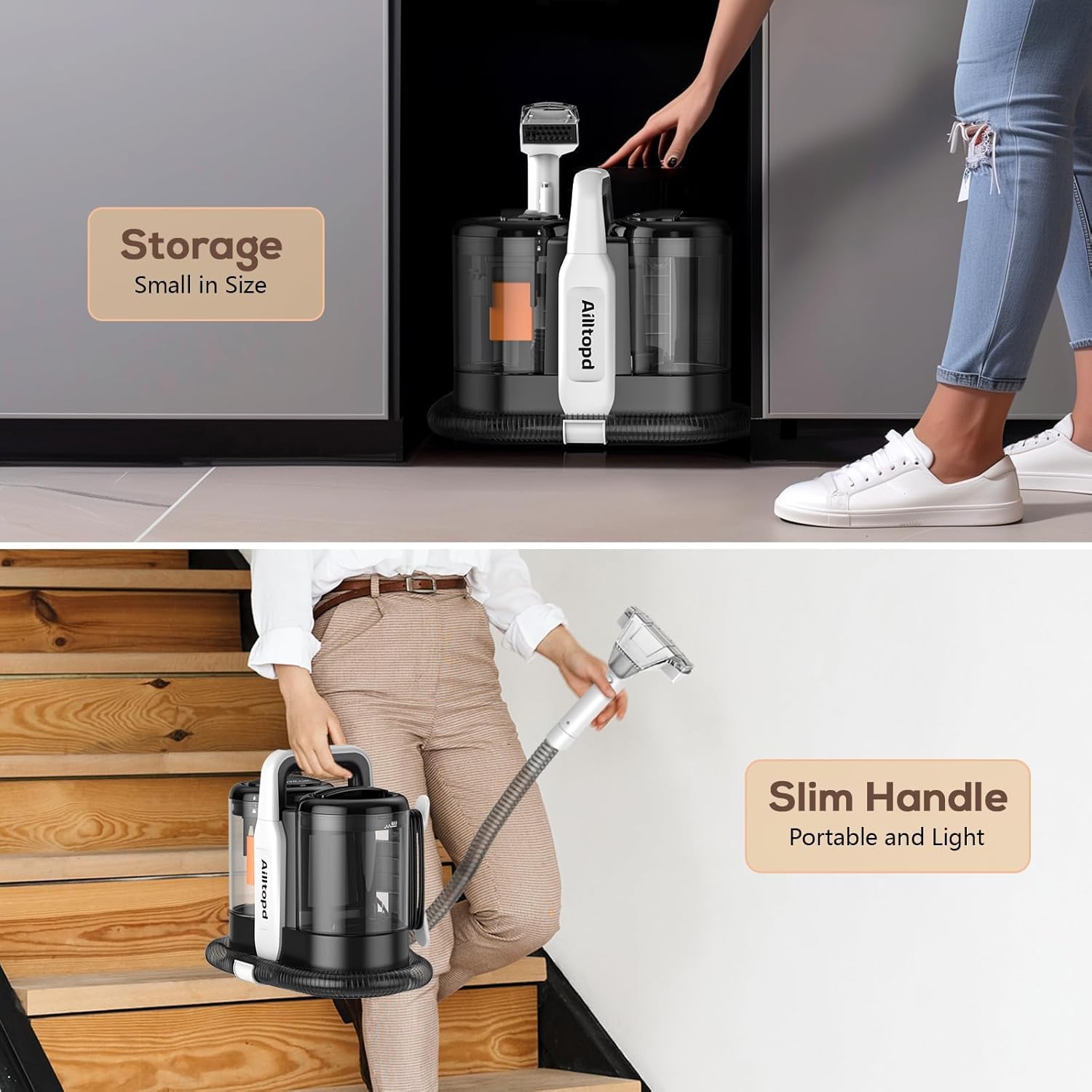 Ailltopd Portable Carpet & Upholstery Spot Cleaner, Powerful Suction and Spot Remover, Deep Stain Cleaning for Carpet, Pets, Stairs, Car Seat, Couch, with Dual Size BrushHead and Cleaning Solutions - PuriLite