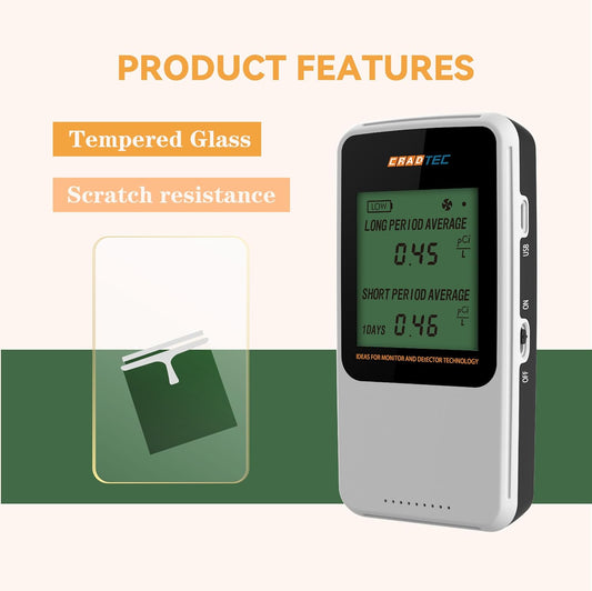Digital Radon Detector III, Tempered Glass, 300 DPI Screen, Easy to Use, White, Bq/M3, pCi/L, Switchable, 3 AAA Batteries Lasting More Than 1 Year - PuriLite