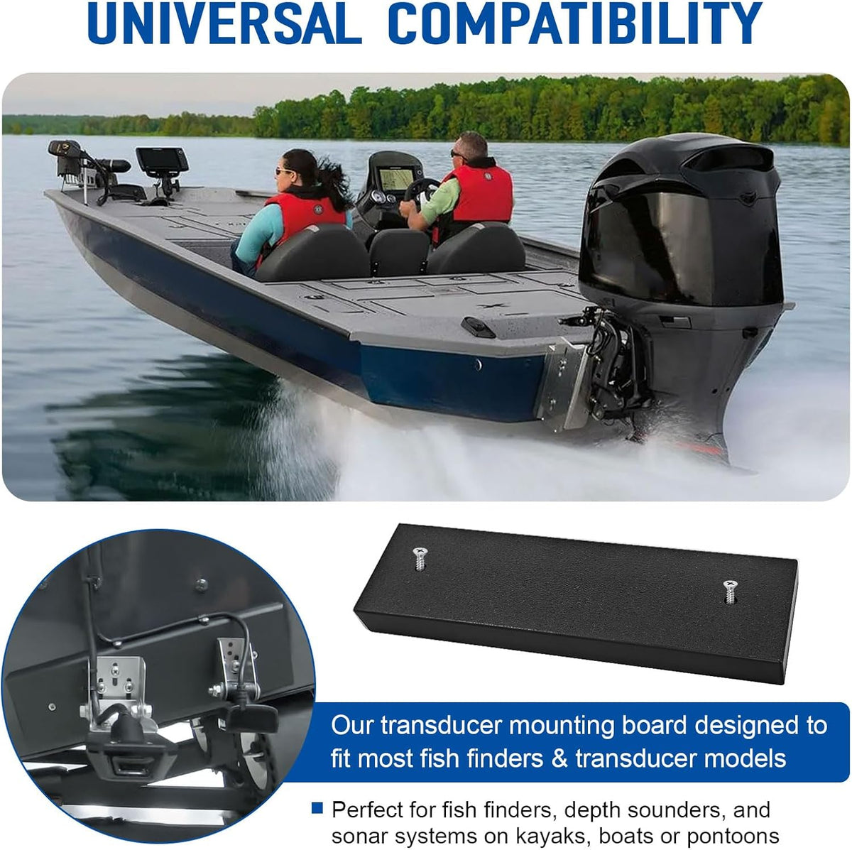 Transducer Mounting Board, Boat Transom Mounting Plate for Fish Finders & Transducers, 12" X 3.5" X 3/4", Transducer Mount Block Hardware Kit, Universal, Marine-Grade, Black, 1 Pack - PuriLite