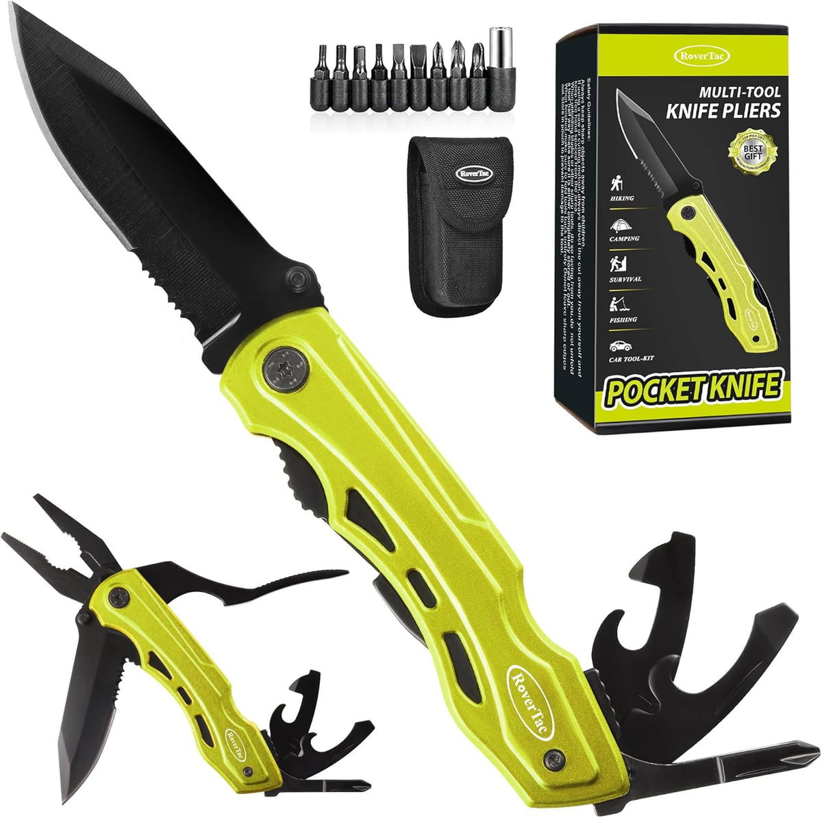 RoverTac Pocket Knife Tactical Folding Knife Multi Tool Survival Camping Knife, Multitool Knife Pliers Bottle & Can Opener 9-Pack Screwdrivers Liner Lock Nylon Sheath, Pocket Knife for Camping Hiking - PuriLite