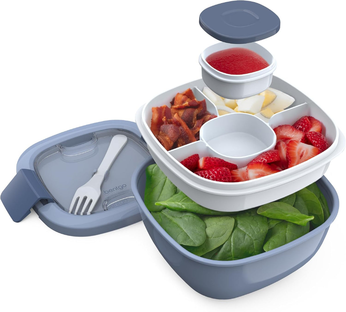 Bentgo Salad - Stackable Lunch Container with Large 54-oz Salad Bowl, 4-Compartment Bento-Style Tray for Toppings, 3-oz Sauce Container for Dressings, Built-in Reusable Fork & BPA-Free (Khaki Green) - PuriLite