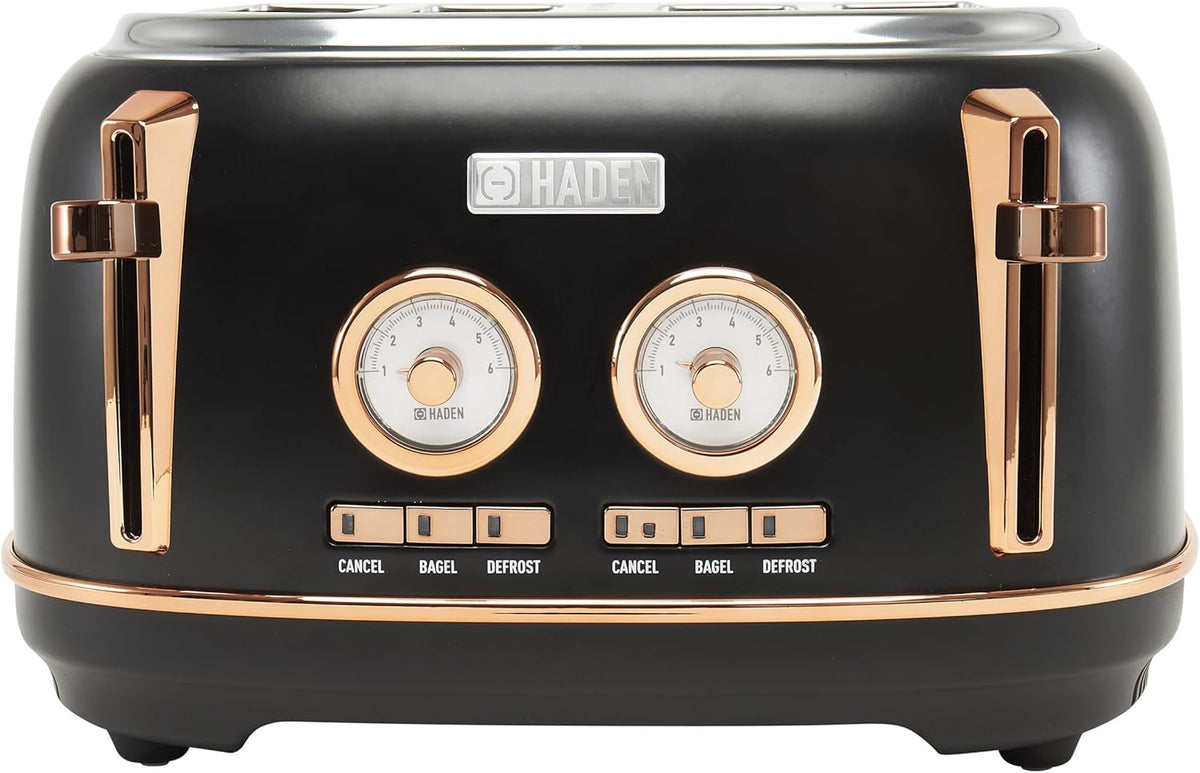 Haden Dorset 75083 Stainless Steel 1500W Retro Toaster 4 Slice Wide Slot w/Removable Crumb Tray and Settings, Black/Copper Toasters w/Adjustable Browning Control, Smart Toaster - PuriLite