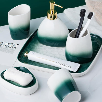 White Bathroom Accessories Set,Modern Countertop Bathroom Decor,Luxury 6 Piece Bathroom Accessory Set,Complete with Soap Dispenser,Toothbrush Holder,Tumbler,Tray - PuriLite