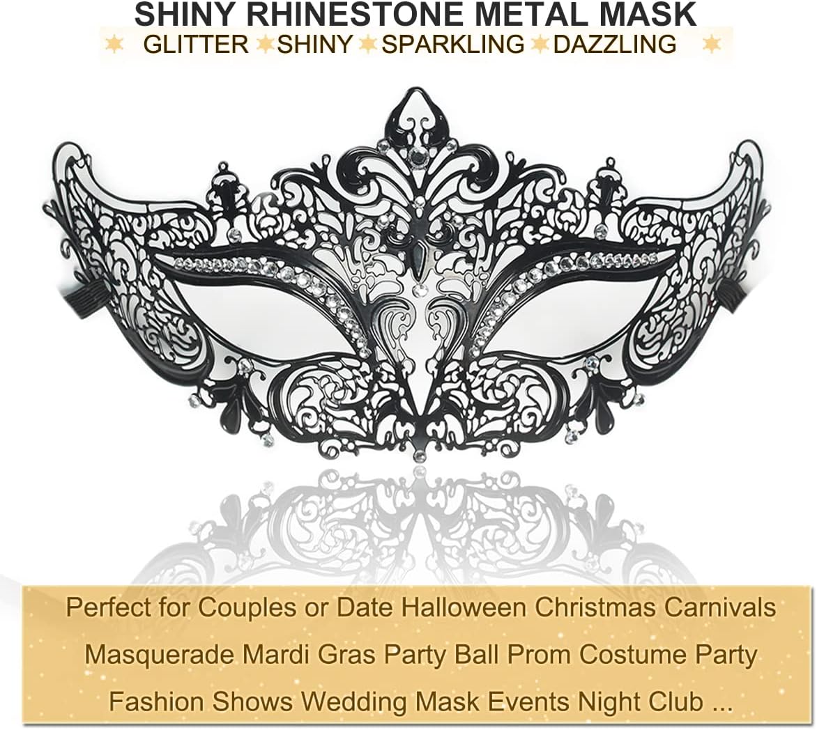 Masquerade Mask for Women Shiny Rhinestone Venetian Party Prom Ball Metal Mask - PuriLite