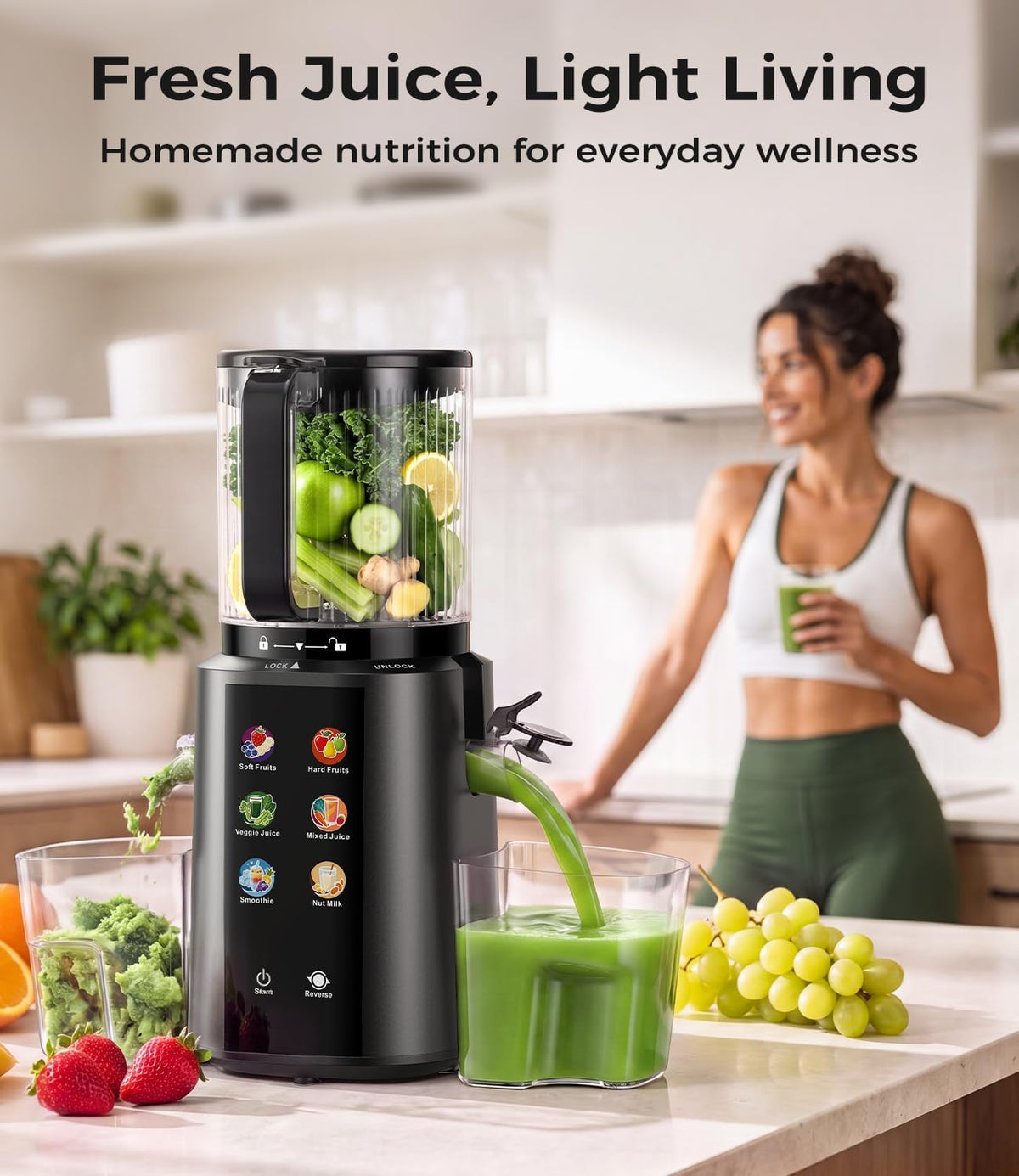 ONELIVE Cold Press Juicer Machine, 6.5" Wide Chute, 3L, Easy to Clean Smart Presets for Fruits, Veggies, Sorbet & Nut Milk, All-in-One Strainer, More Juice, Drier Pulp, Easier Use and Cleanup