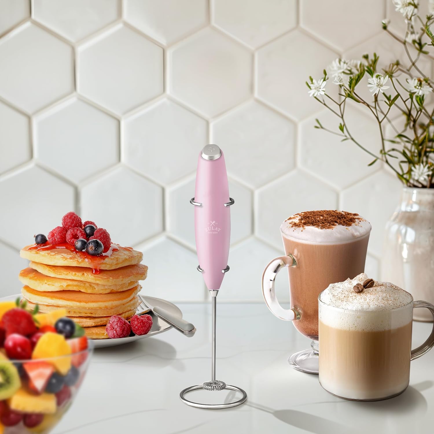 Zulay Kitchen Powerful Double Whisk Milk Frother Handheld - Foam Maker with Stand - Whisk Drink Mixer for Coffee, Mini Foamer for Latte, Matcha, Frappe, Hot Chocolate & Cappuccino (Black) - PuriLite