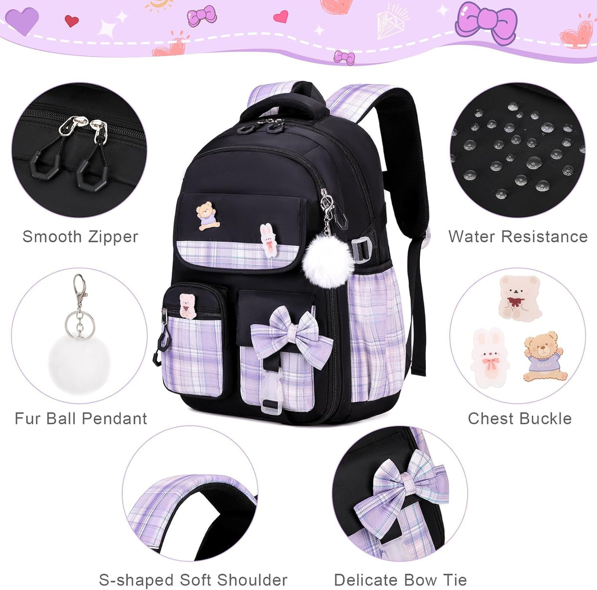 ACESAK Girls Backpack - 3PCS Backpack for Girls Cute School Backpacks for Girls Kindergarten - PuriLite