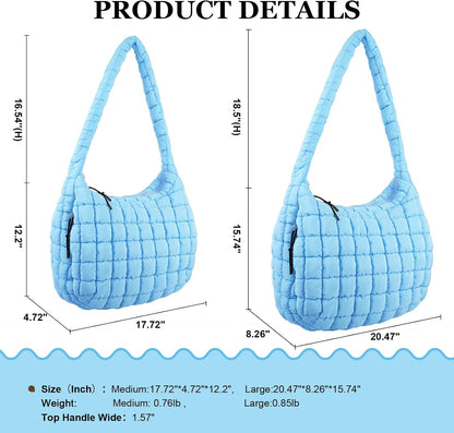 Quilted Puffer Tote Bag Large Crossbody Shoulder Bag with Zipper, Nylon Hobo Oversized Handbag - PuriLite
