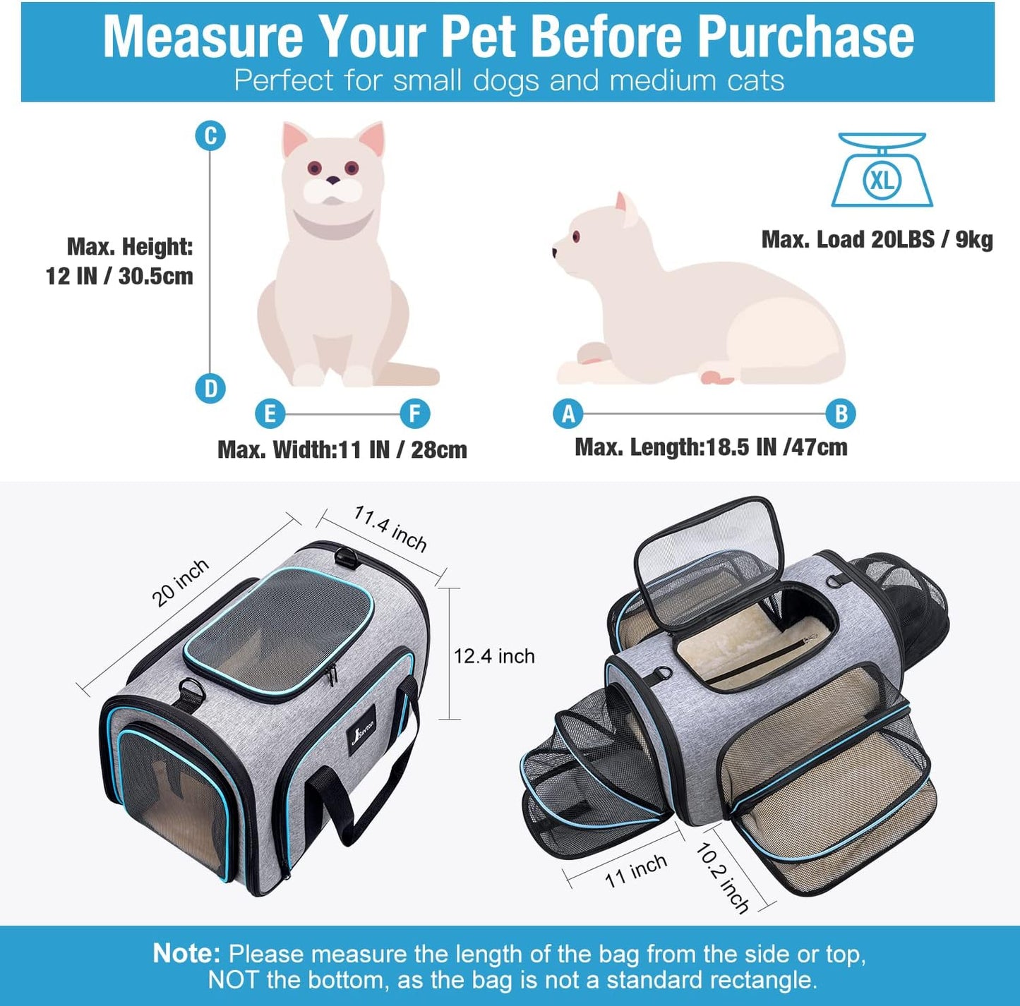 Siivton Cat Carrier,4 Sided Expandable Pet Carrier for Travel,Collapsible Soft-Sided Carriers with Removable Fleece Pad and Shoulder Straps,Airline Approved(17.5"x 11"x 11") - PuriLite
