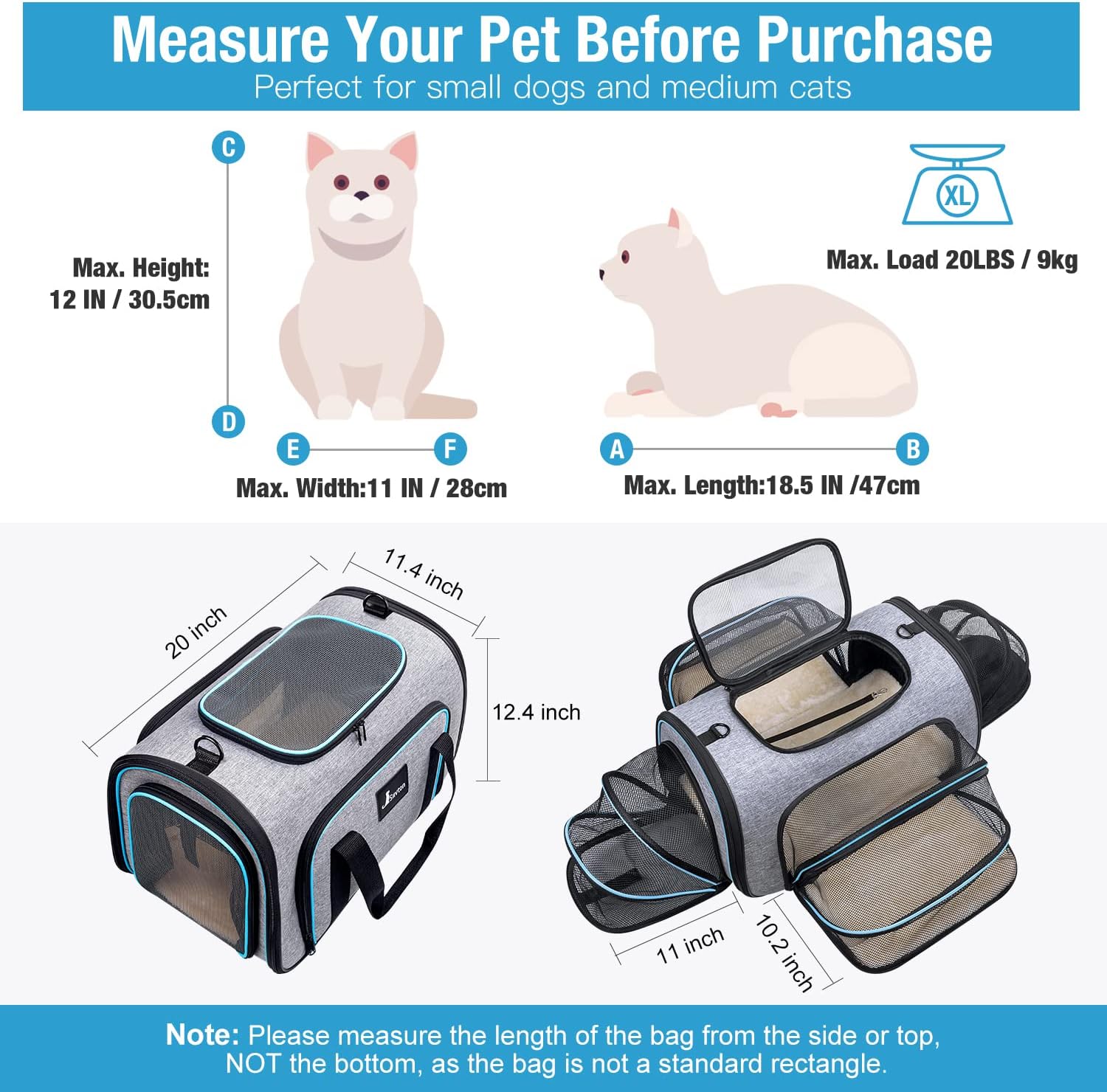 Siivton Cat Carrier,4 Sided Expandable Pet Carrier for Travel,Collapsible Soft-Sided Carriers with Removable Fleece Pad and Shoulder Straps,Airline Approved(17.5"x 11"x 11") - PuriLite
