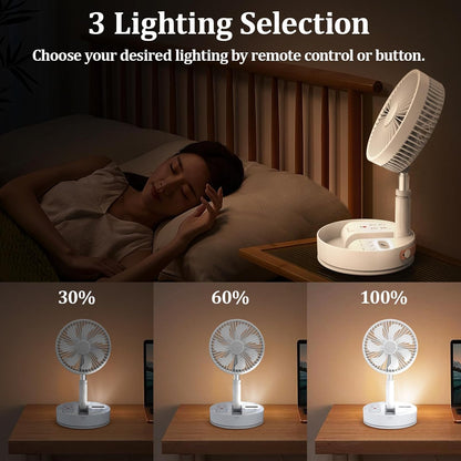 HHT Foldable Portable Standing Fan with Remote, 8" Rechargeable Floor Fan, 120° Quiet Oscillating Fan, 4 Speeds, LED Light, Timer, 7200mAh Battery, Adjustable Height Table Fan for Home Travel - PuriLite