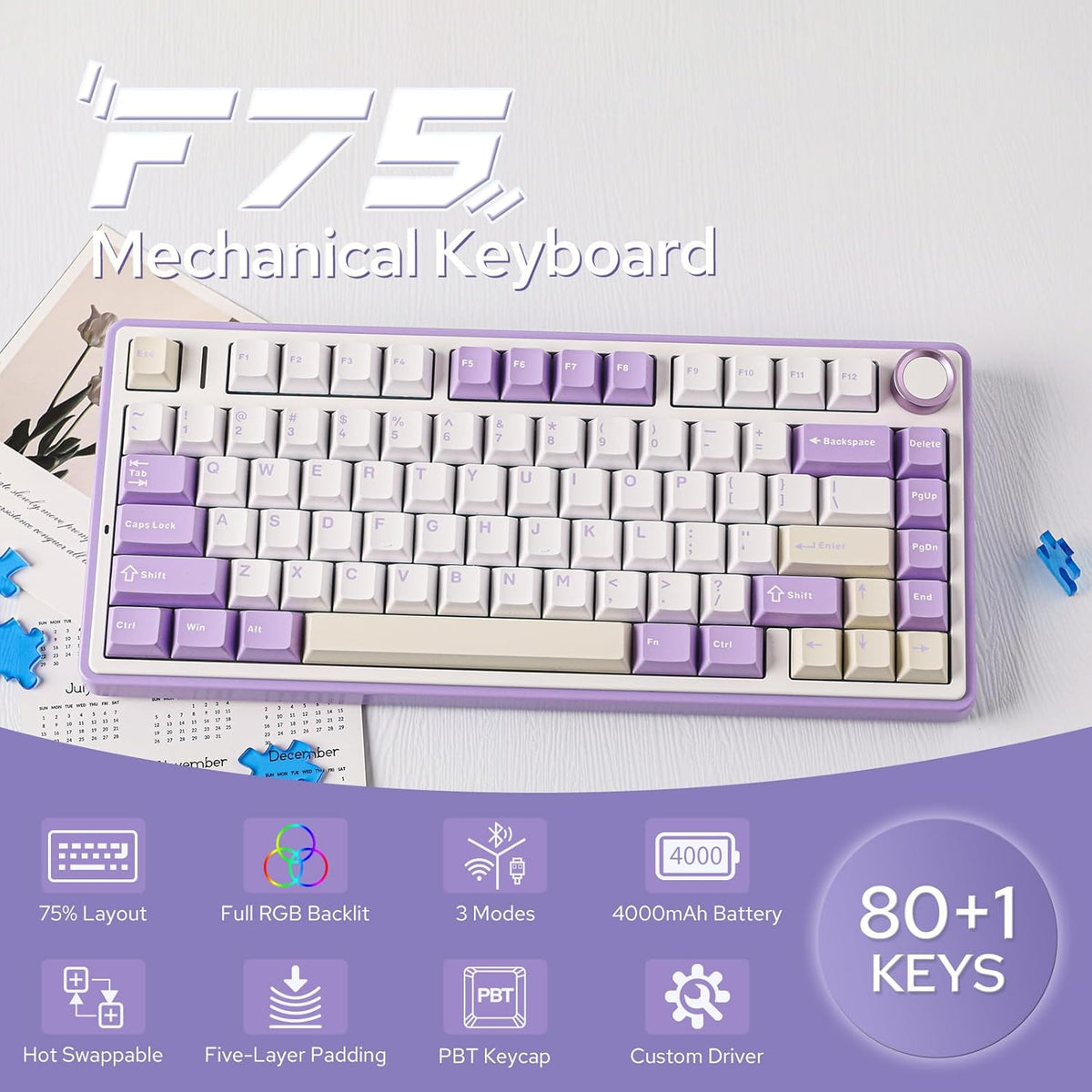 EPOMAKER x Aula F75 Gasket Mechanical Keyboard, 75% Wireless Hot Swappable Gaming Keyboard with Five-Layer Padding&Knob, Bluetooth/2.4GHz/USB-C, RGB (Black Gradient, LEOBOG Reaper Switch) - PuriLite