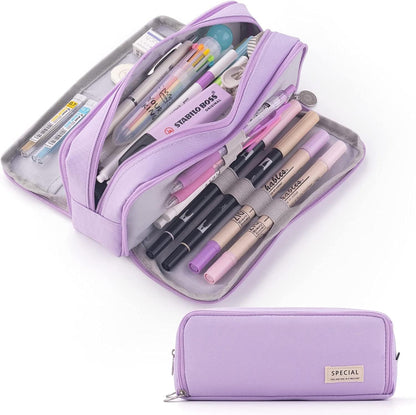 Big Capacity Pencil Case, OLIYuMi 3 Compartment Pencil Pouch Pencil Bag Storage Box Stationery Organizer Makeup Bag with Zipper Closure for Student Office College Boys and Girls (Pink) - PuriLite