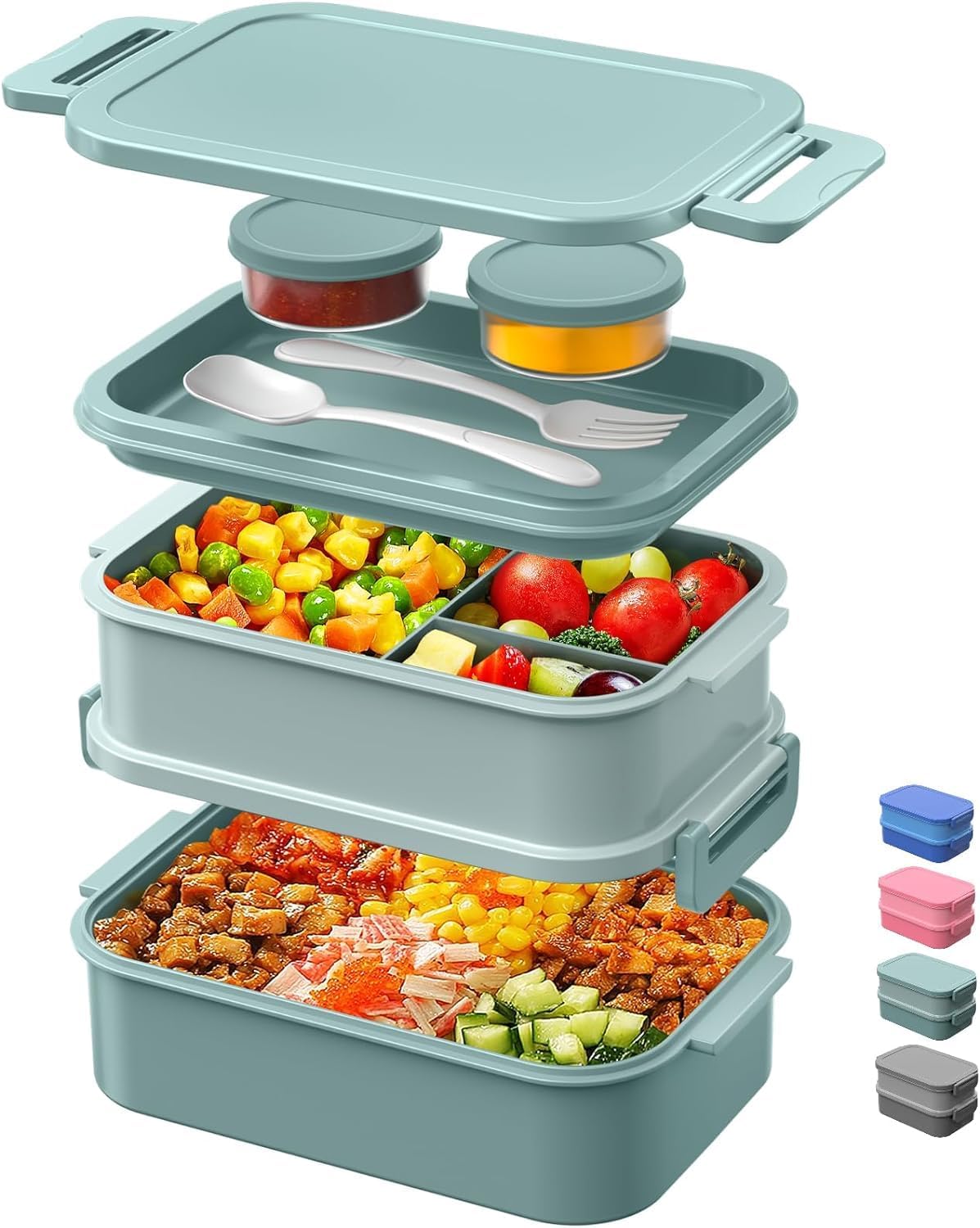 JSCARES Lunch Box Adults Bento Box - All-in-One Stackable 74 OZ Lunch Box Containers for Adult Large Bento Box with Fork Spoon Sauce Boxes, Leakproof Lunchbox for Work School Dining Out (Green) - PuriLite