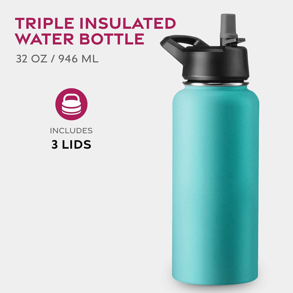 FineDine Water Bottle - Stainless Steel Insulated Water Bottle with Straw Lid, Flip Lid & Wide-Mouth Cap - Keeps Hot and Cold - 25 Oz / 739ml - Pure Pearly White - PuriLite