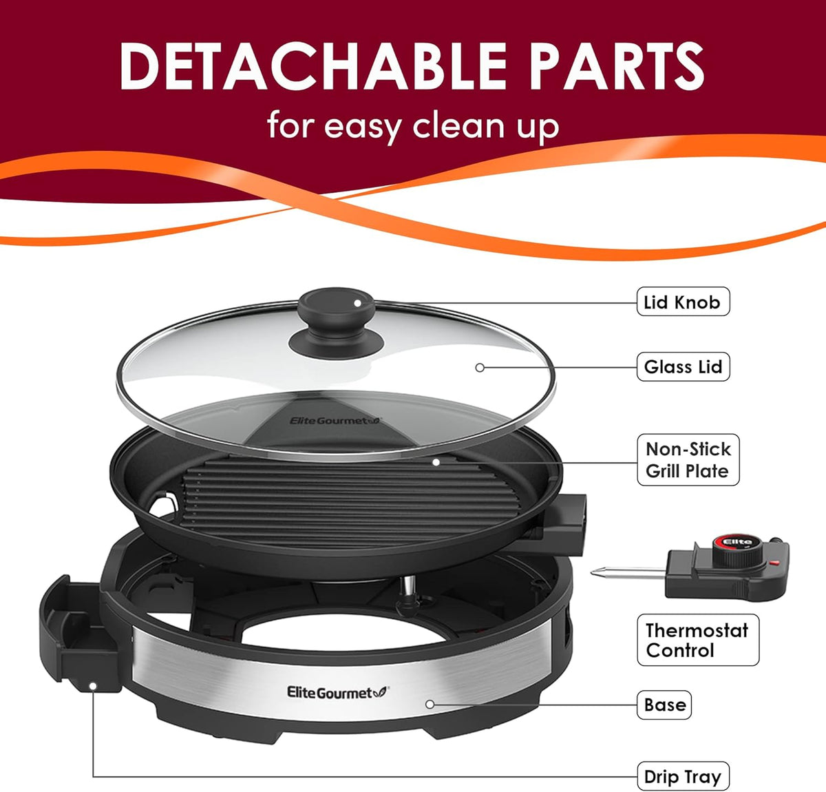 Elite Gourmet EMG6505G Smokeless Indoor Electric BBQ Grill with Glass Lid, Dishwasher Safe, PFOA-Free Nonstick, AdjCatable Temperature, Fast Heat Up, Low-Fat Meals Easy to Clean Design - PuriLite