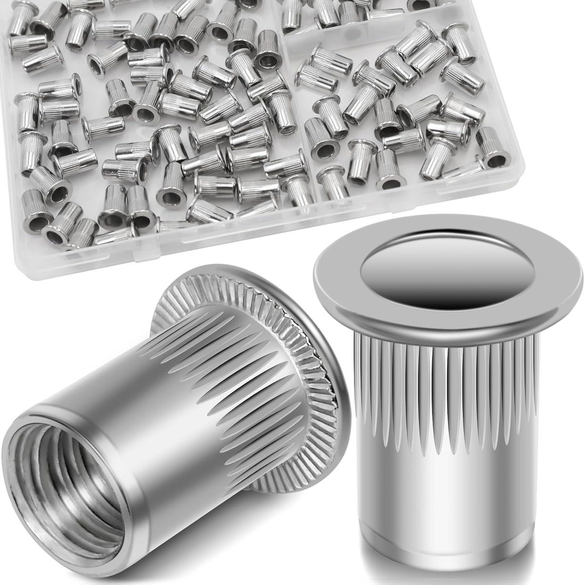 Vifmy Metric & SAE Rivet Nut Assortment Kit(420 Pcs),m3 m4 m5 m6 m8 m10 m12#6-32#8-32#10-24 1/4"-20 5/16"-18 3/8"-16 UNC Flat Head Rivnut Set,Zinc Plated Finish Carbon Steel Nutsert - PuriLite