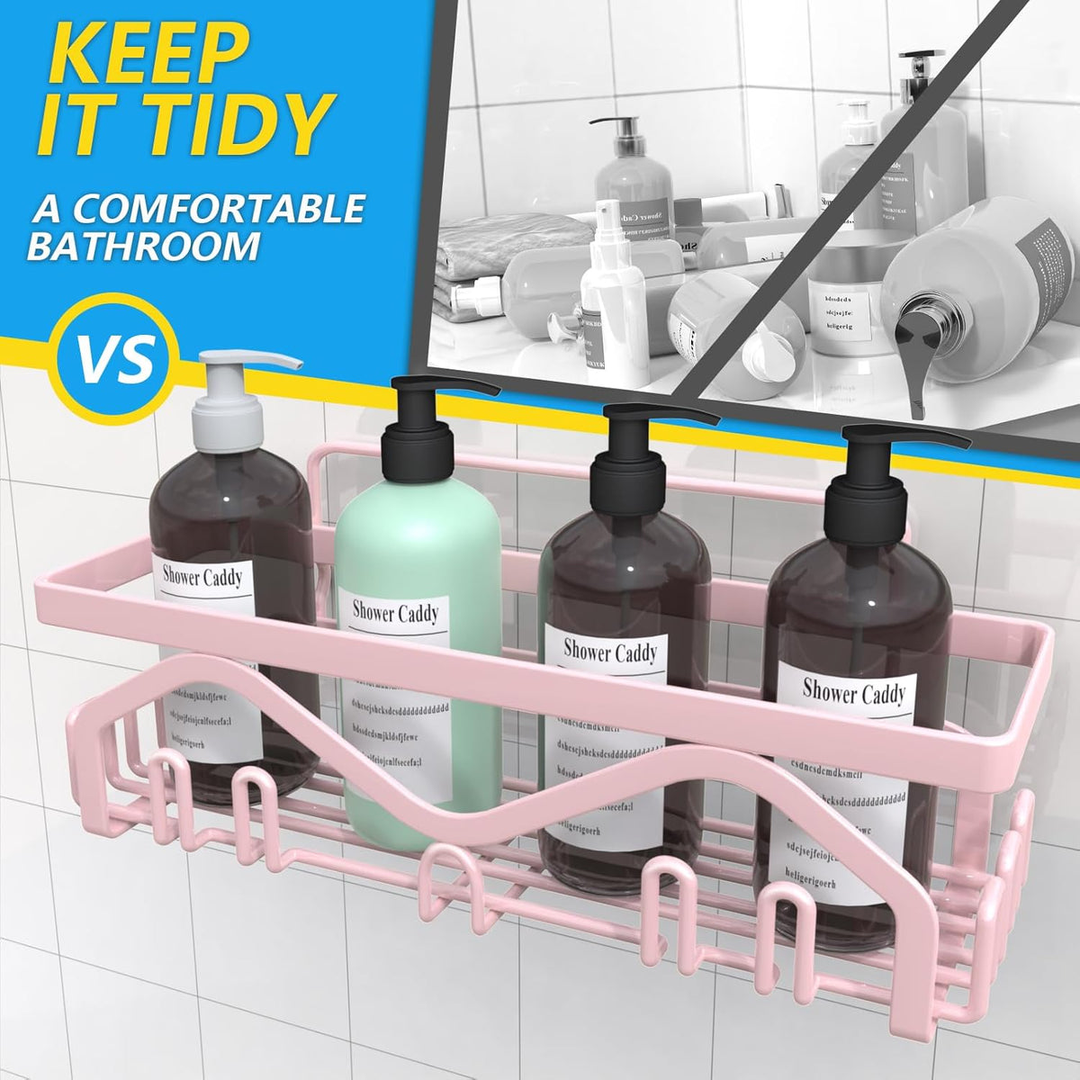 Coraje Adhesive Shower Caddy, 5-Pack Shower Shelves, Large Capacity Load Bearing 40 LBS Shower Organizer, No Drilling Shower Shelf, Rustproof Stainless Steel Bathroom Shower Storage, Black - PuriLite