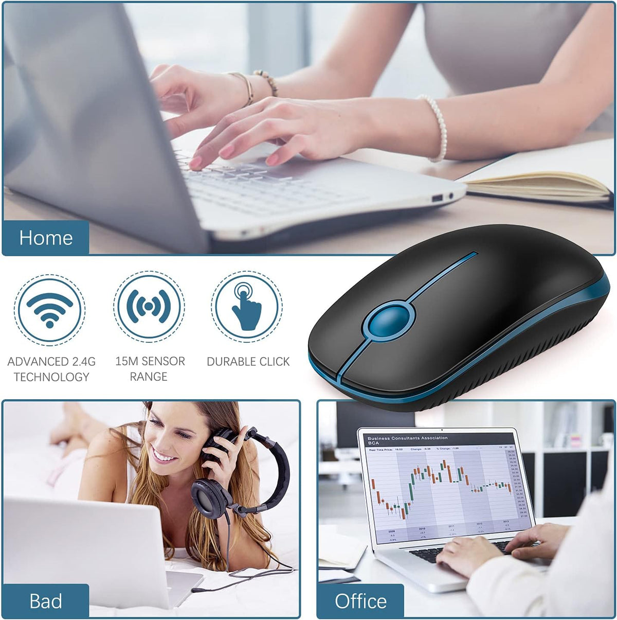 Wireless Mouse, Vssoplor 2.4G Slim Portable Computer Mice with Nano Receiver for Notebook, PC, Laptop, Computer (Black and Gray) - PuriLite