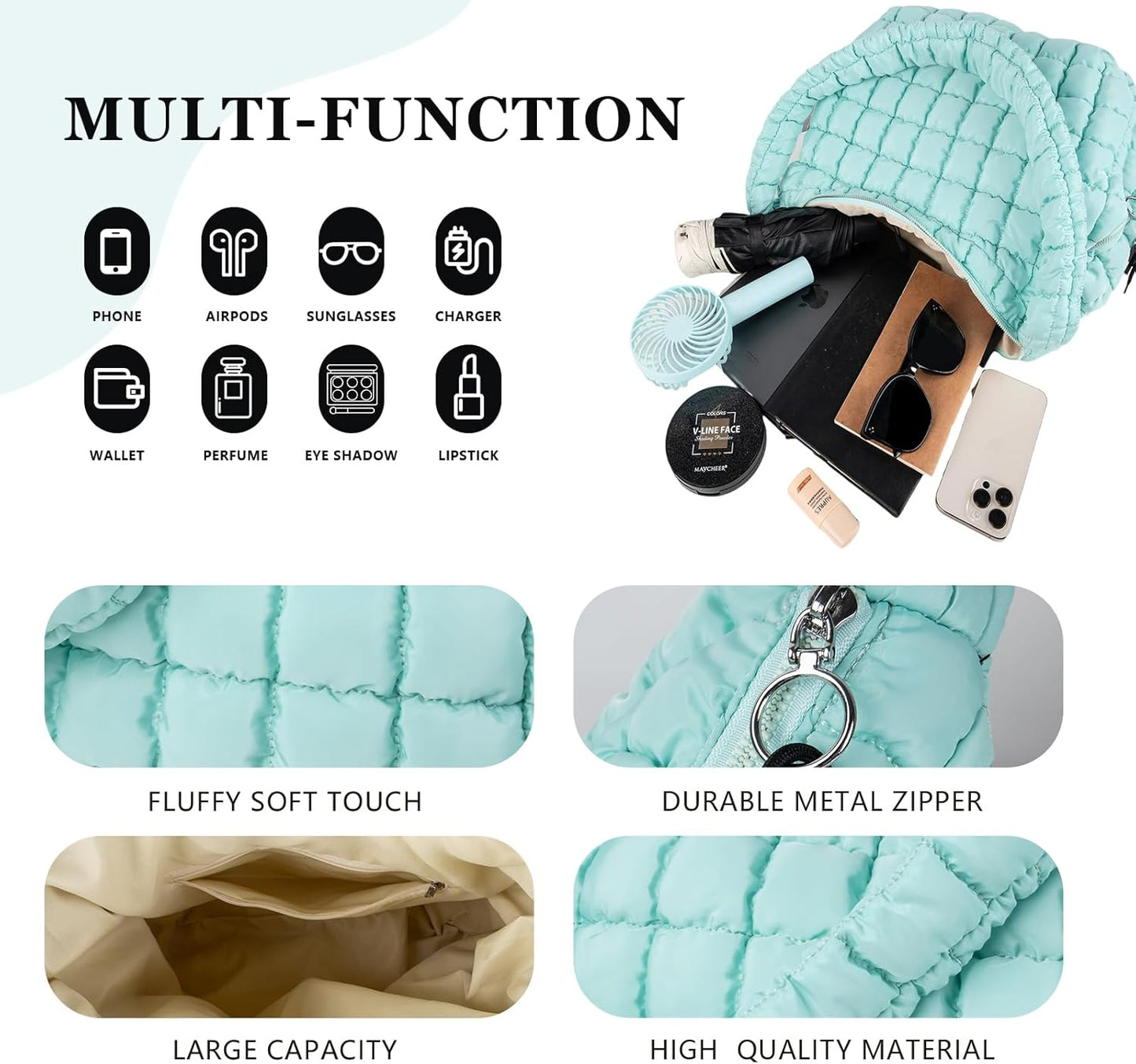 Quilted Puffer Tote Bag Large Crossbody Shoulder Bag with Zipper, Nylon Hobo Oversized Handbag - PuriLite