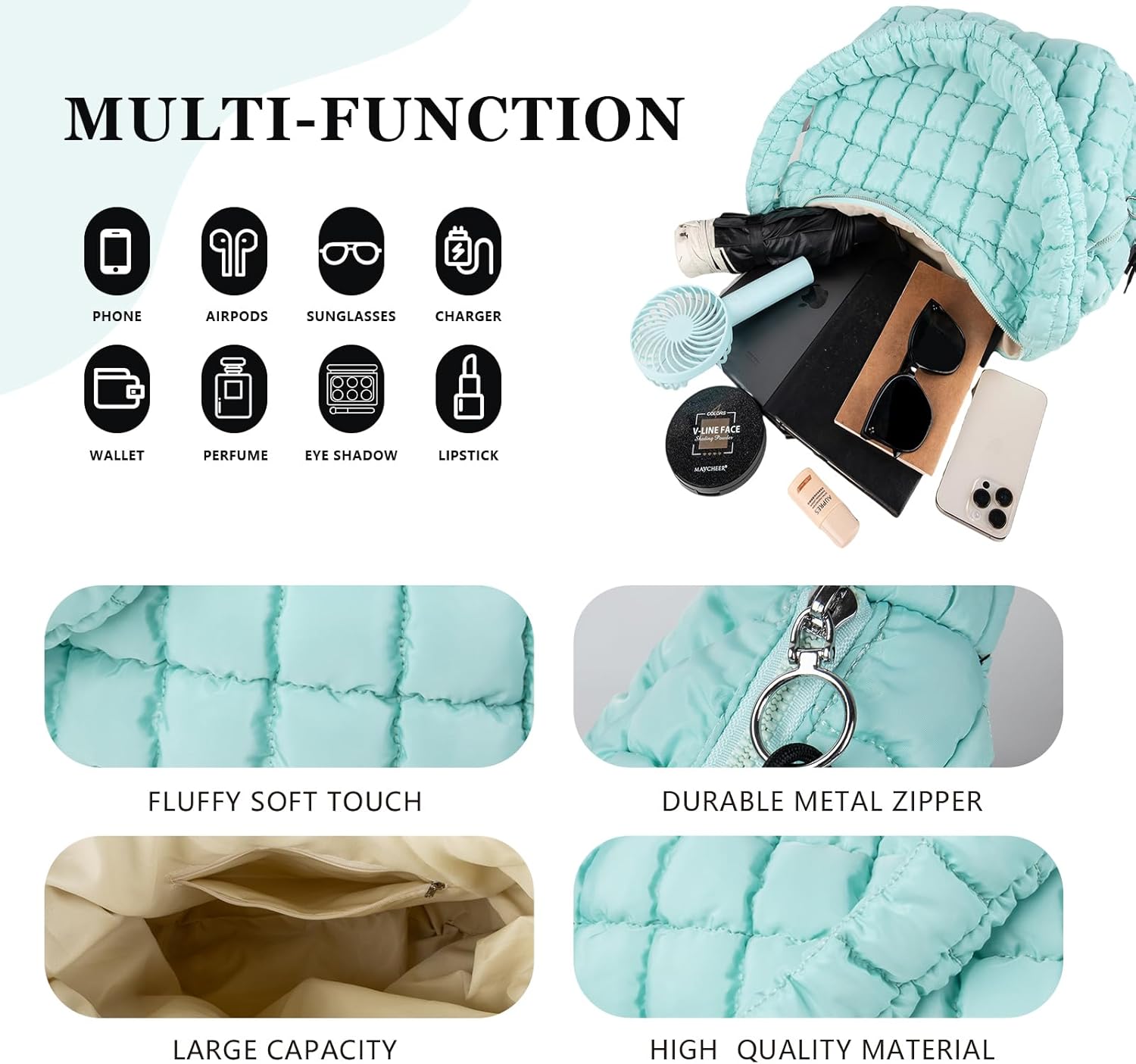 Quilted Puffer Tote Bag Large Crossbody Shoulder Bag with Zipper, Nylon Hobo Oversized Handbag - PuriLite