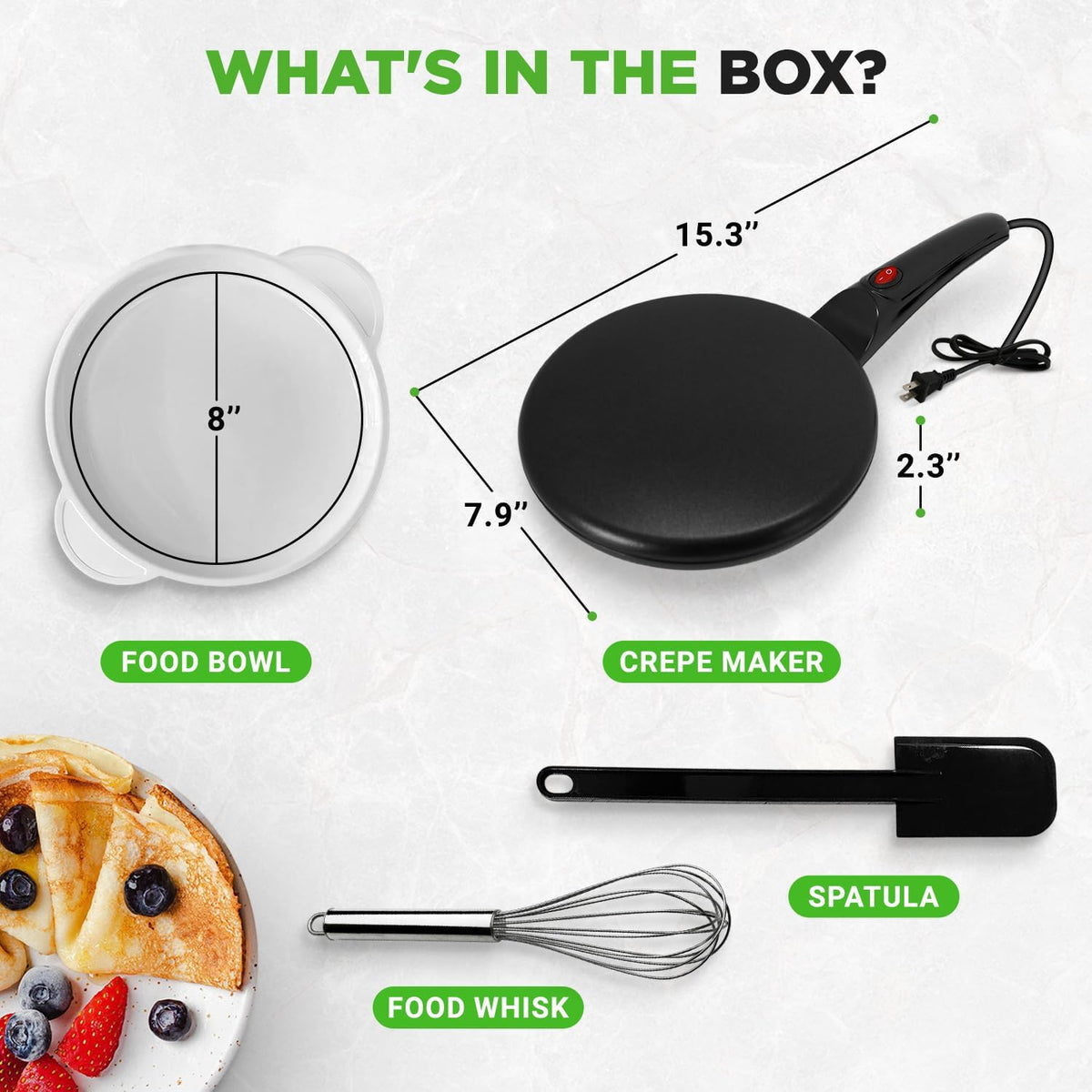 NutriChef Electric Crepe Maker, Cooks Roti, Tortillas, Pancakes, Nonstick Cooktop, 8-inch Cook Area On/Off Switch, Automatic Temperature Control & Cool Touch Handle, Includes Food Bowl, Whisk, Spatula - PuriLite