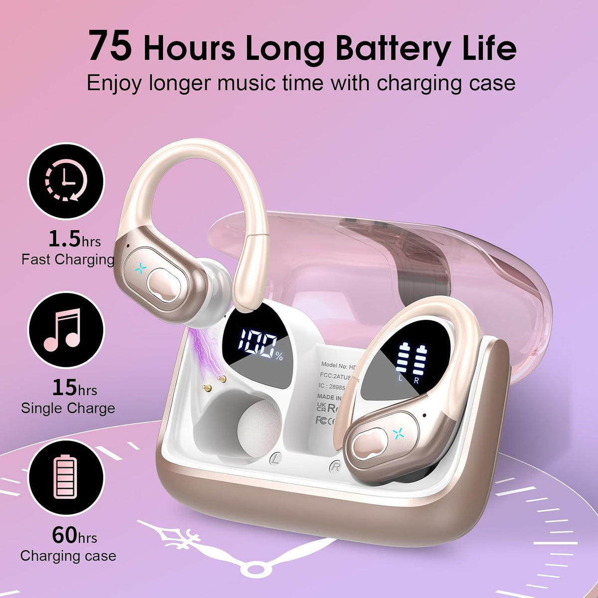 STECEi Wireless Earbuds 75hrs Bluetooth 5.4 Headphone Sport, Bluetooth Earbuds HiFi Stereo Over Ear Bud with Earhooks, ENC Noise Cancelling Mic, IP7 Waterproof Wireless Earphone for Workout/Running - PuriLite
