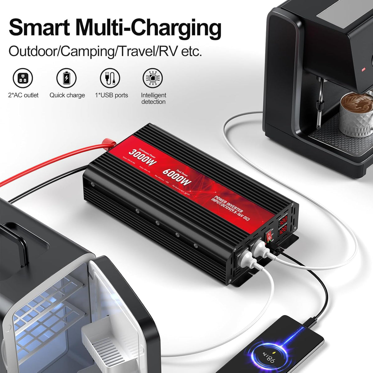 3000W Power Inverter,12V DC to AC 110V120V Peak Power 6000W with 2AC Outlets and 2.4USB Port,LCD Display Car Inverter for Outdoor Activities,Emergency - PuriLite