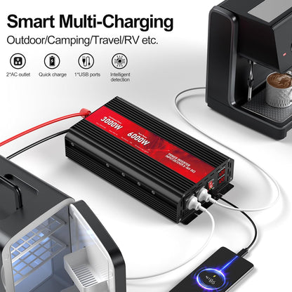 3000W Power Inverter,12V DC to AC 110V120V Peak Power 6000W with 2AC Outlets and 2.4USB Port,LCD Display Car Inverter for Outdoor Activities,Emergency - PuriLite