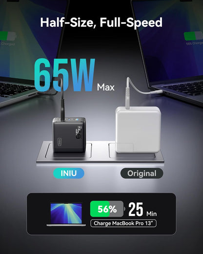 INIU USB C Charger, 65W Fast Charging GaN Wall Charger, 2-Port Compact Foldable PD PPS Charger Block for MacBook Pro/Air, iPad Pro, iPhone 16/15, Galaxy S23, Dell XPS 13, Note 20/10+, Steam Deck - PuriLite