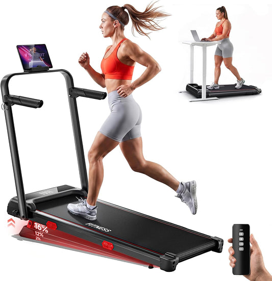 RHYTHM FUN 16% Walking Pad Treadmill with Incline, Foldable Walking Pad with Handle Bar, Compact Walking Treadmill with Low Noise for 300 lbs Weight Capacity Home Office Use