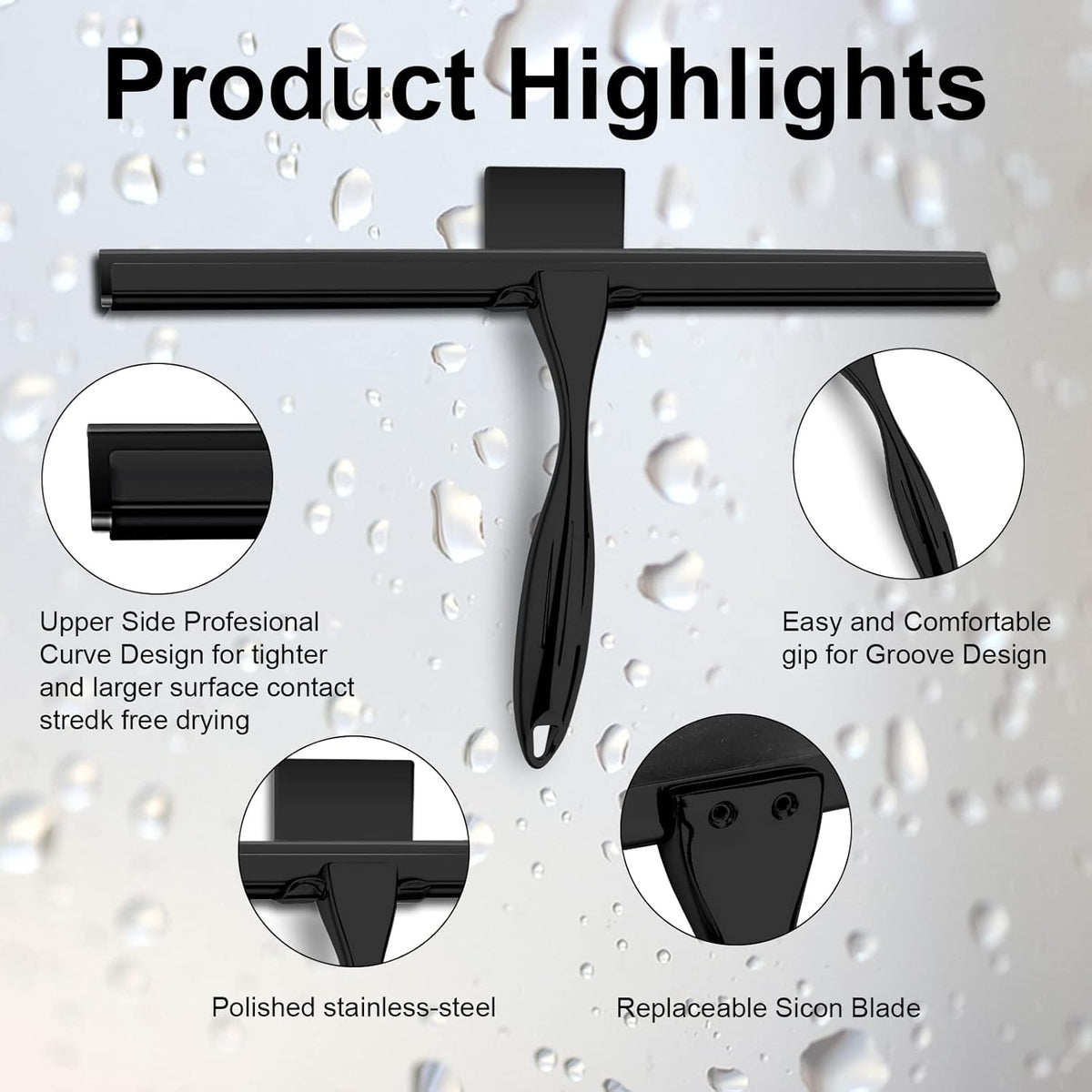 14 Inch Shower Squeegee Stainless Steel with Shower Door Hook and Adhesive Hook Glass Squeegee Bathroom for Doors, Bathroom, Windows, Kitchen, Mirror with Spare Silicone Blade 2 Hooks - PuriLite