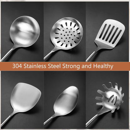 304 Stainless Steel Kitchen Utensils Set, 6 Pcs Long Cooking Utensils Set with Wooden Handle, Large Heat Resistant Kitchen Tools(Dishwasher Safe) - PuriLite