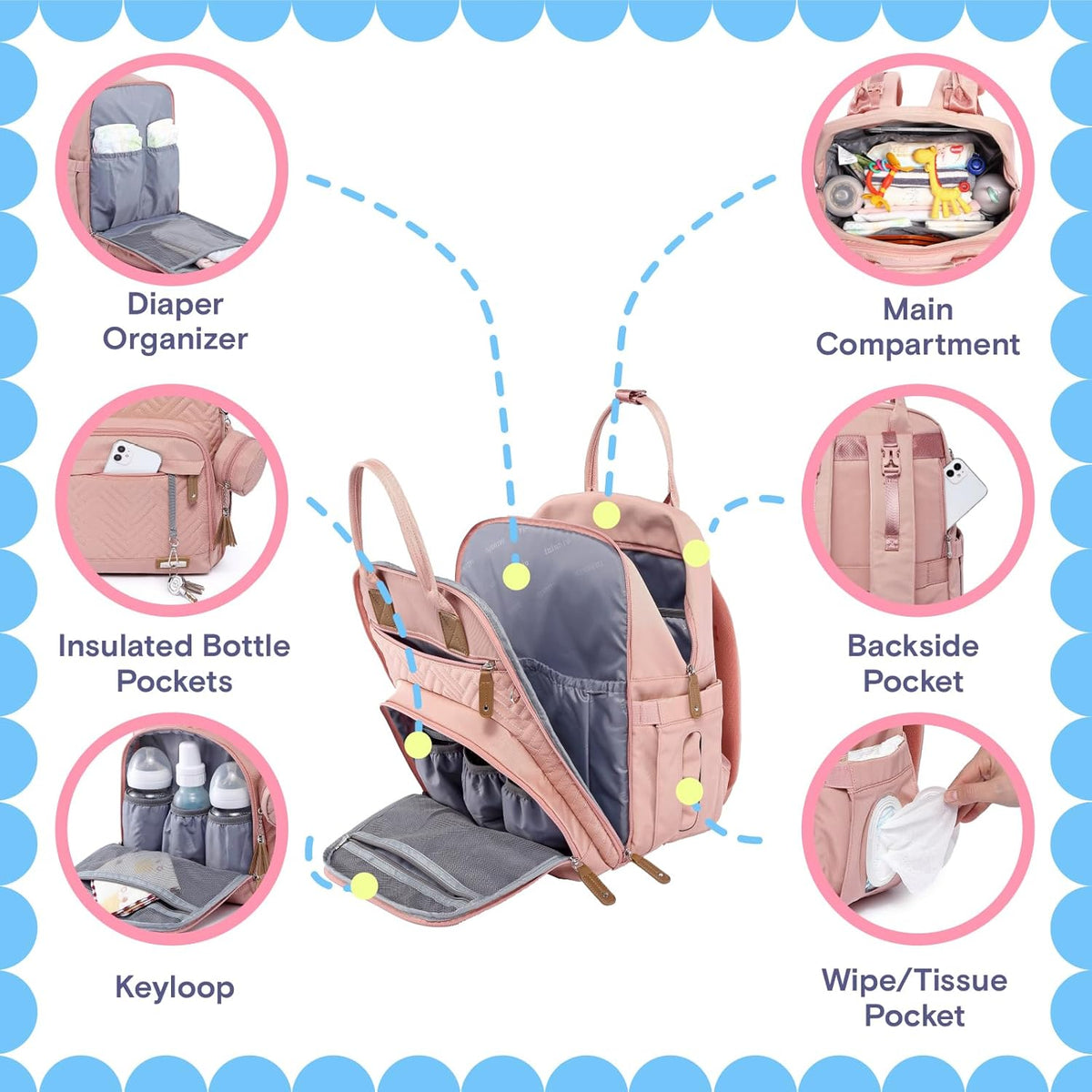 Diaper Bag Backpack, iniuniu Large Baby Bags with Diaper Pouch, Washable Changing Pad, Pacifier Case and Stroller Straps - PuriLite