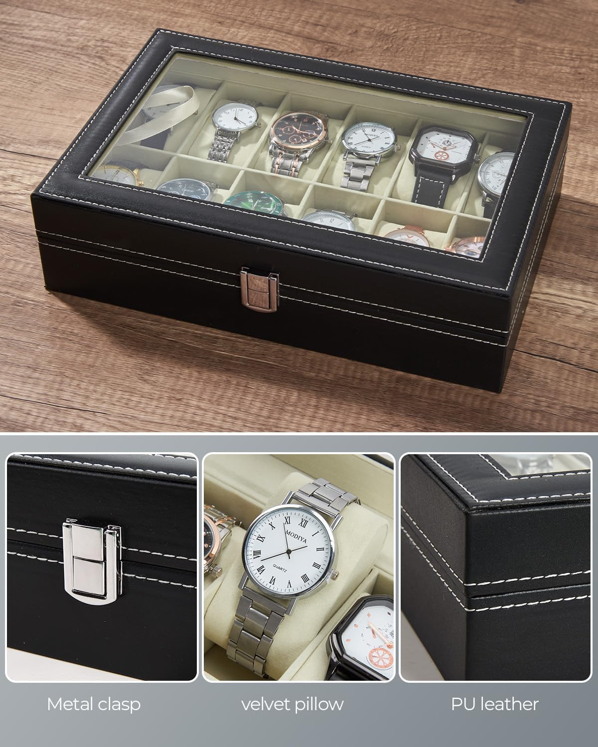 Ohuhu Watch Box Organizer for Men -12 Slot Leather Watch Case with Real Glass Lid Watch Display Case, Watch Organizer Jewelry Storage Box - PuriLite