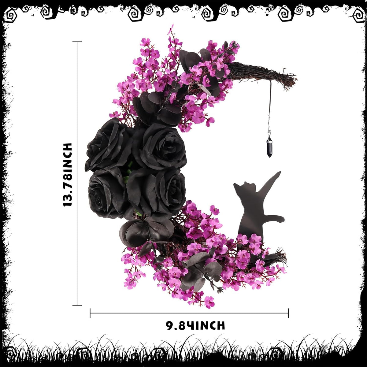 Black Cat Crescent Moon Wreath Light Up, Halloween Wreath Decorations for Front Door, Thanksgiving Autumn Indoor Outdoor Fall Decor - PuriLite