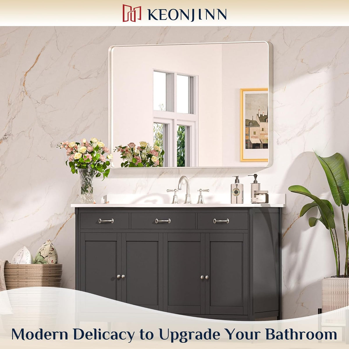 Keonjinn 42 x 36 Brushed Nickel Bathroom Vanity Mirror, Large Rounded Rectangle Bathroom Mirrors for over Sink, Metal Framed Silver Mirror for Wall, Shatterproof HD Tempered Glass(Horizontal/Vertical) - PuriLite