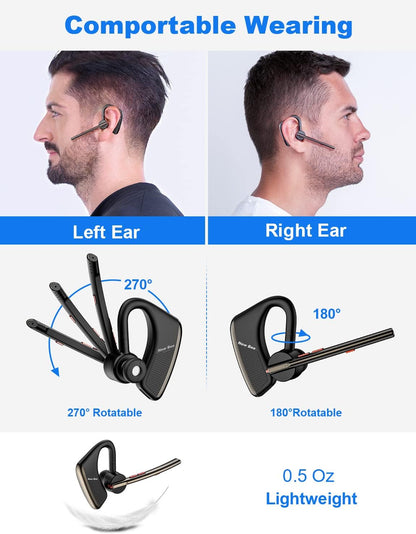 Bluetooth Headset V5.2 New Bee Bluetooth Earpiece CVC8.0 Dual Mic Noise Cancelling Wireless Handsfree 24Hrs Talktime Driving Headset with Mic Mute for iPhone Android Smartphone Business Office - PuriLite
