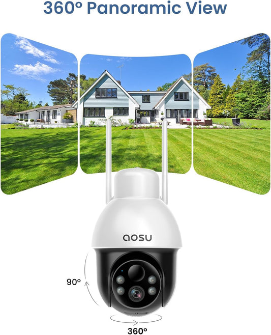 AOSU Solar Security Camera Wireless Outdoor with Panoramic PTZ, Human Auto Tracking, 2K Night Vision, Light and Sound Alarm, 2-Way Talk, Compatible with Alexa/Google Assistant for Home Surveillance - PuriLite
