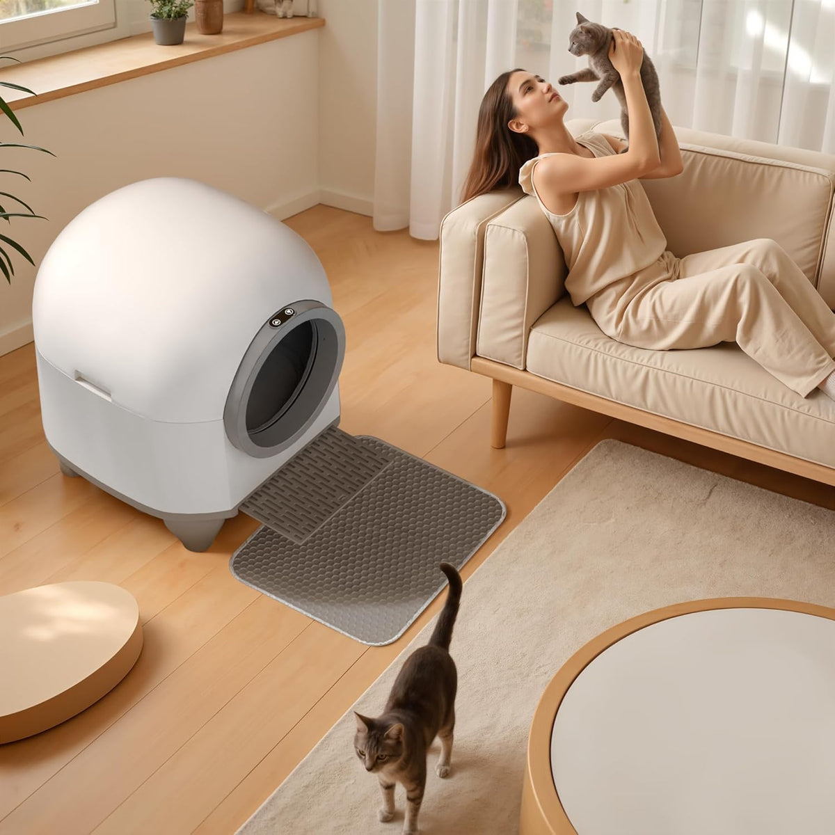 GUNJI Self Cleaning Litter Box, 90L Automatic Cat Litter Box for Multiple Cats, App Control-No Scoop, Large Kitty Box with Safety Protection, Includes Mat, 1 Garbage Bags (Gray) - PuriLite