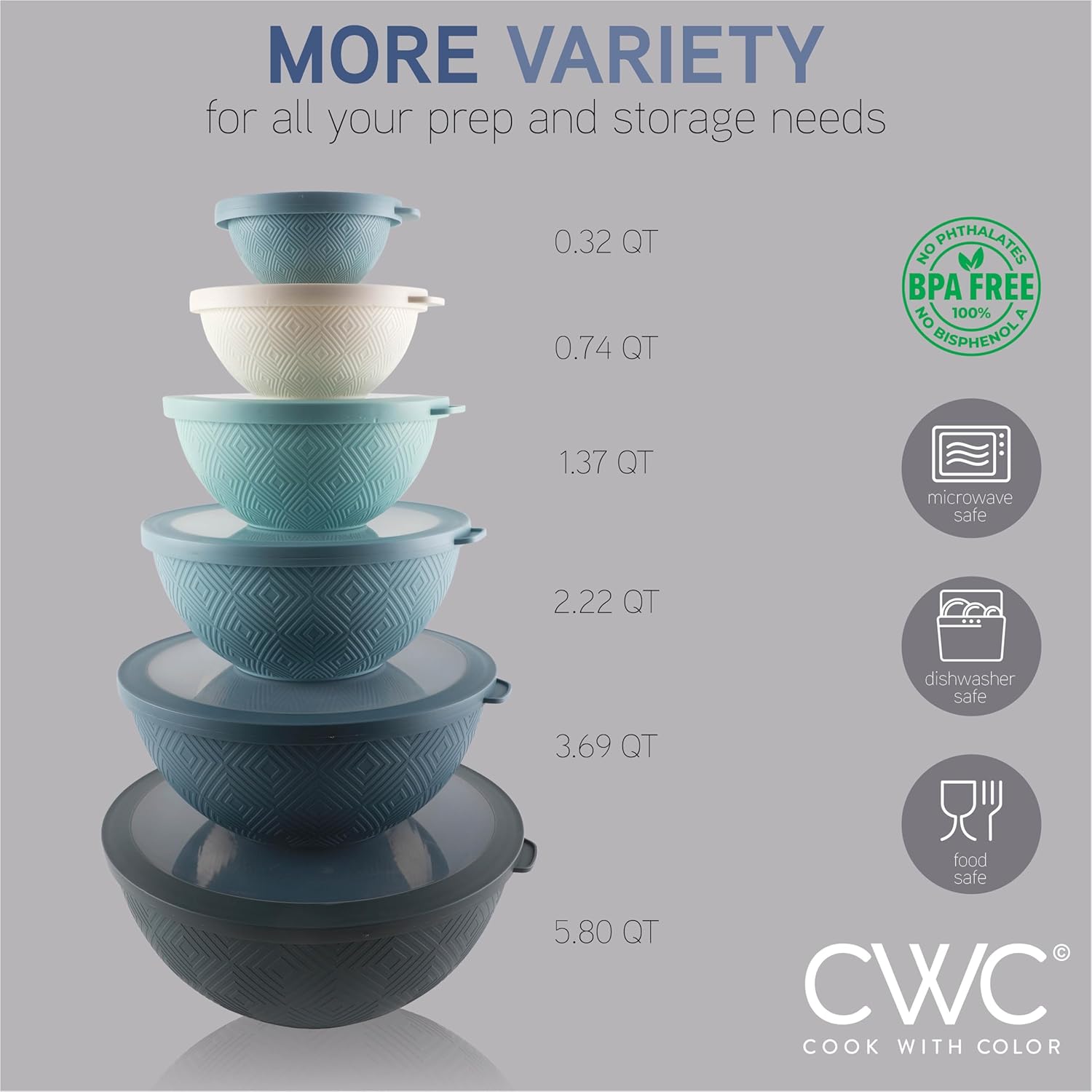 COOK WITH COLOR Mixing Bowls with TPR Lids - 12 Piece Plastic Nesting Bowls Set Includes 6 Prep Bowls and 6 Lids, Microwave Safe Mixing Bowl Set (Mint) - PuriLite