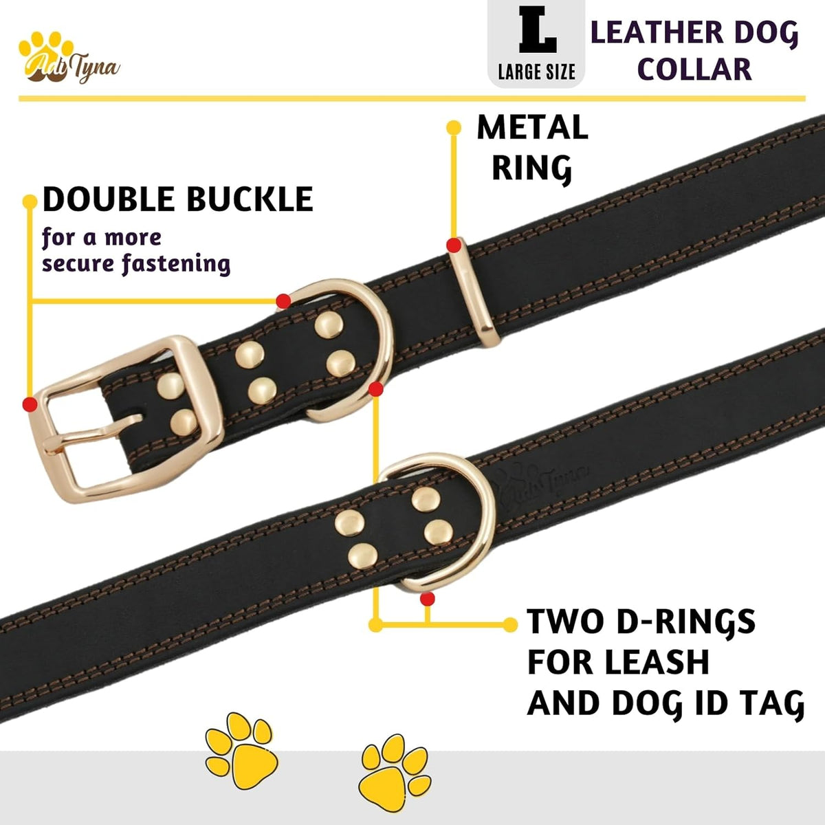 ADITYNA Heavy-Duty Leather Dog Collar for Medium Dogs - Soft and Strong, 100% Genuine Leather - Collier Pour Chien (Medium: Fit 13" - 20" Neck, Brown) - PuriLite