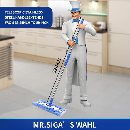 MR.SIGA Professional Microfiber Mop for Hardwood, Laminate, Tile Floor Cleaning, Stainless Steel Handle - 3 Reusable Flat Mop Pads and 1 Dirt Removal Scrubber Included - PuriLite